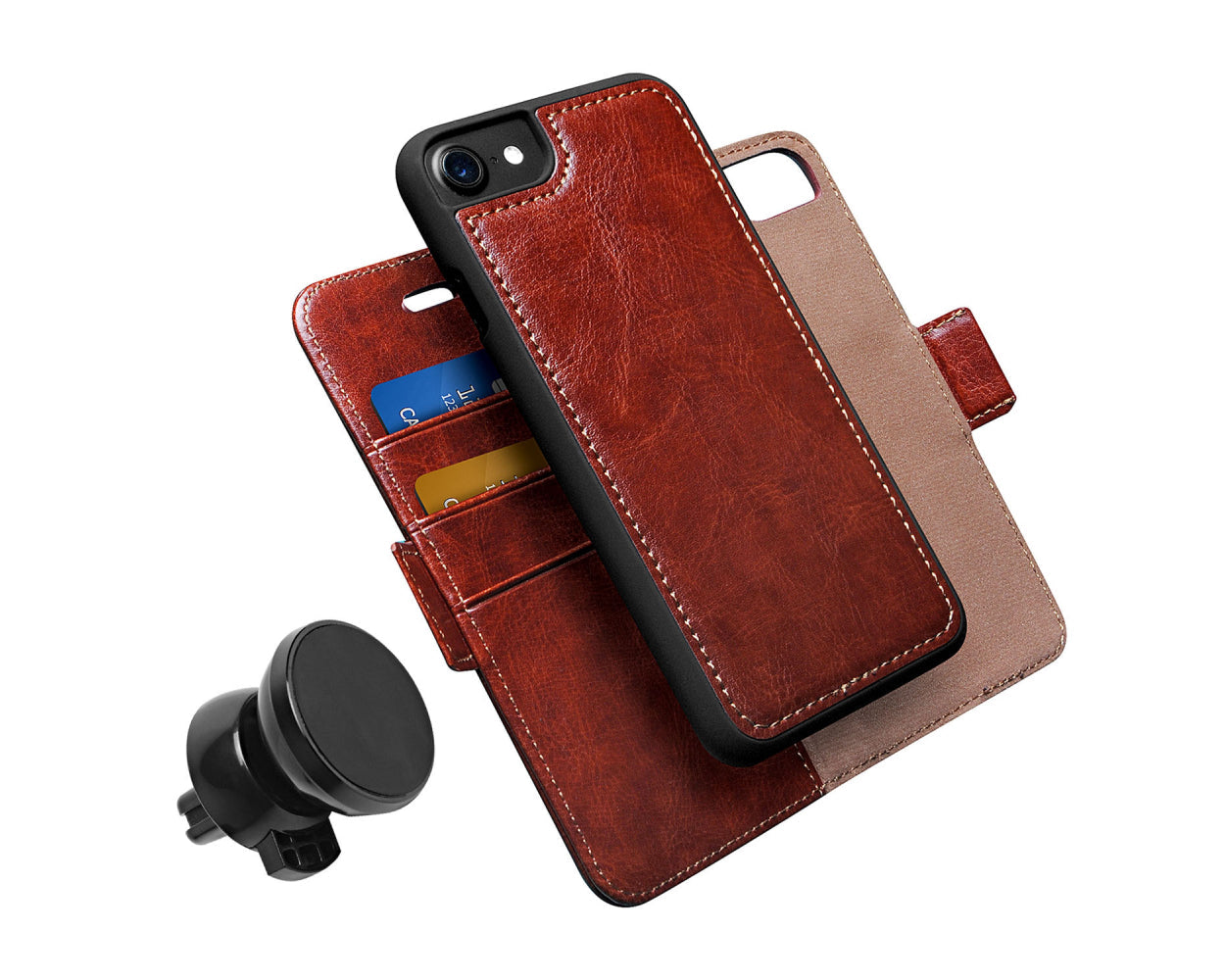 Luxitude Personalized Vegan Leather Phone Case Wallet - Compatible with iPhone 7 / 7s, w/ Detachable Slim Fit Case, w/ Dual Mode Kickstand & Car Mount, Brown LuxitudeOnline.com Luxitude Personalized Vegan Leather Phone Case Wallet - Compatible with iPhone 7 / 7s, w/ Detachable Slim Fit Case, w/ Dual Mode Kickstand & Car Mount, Brown LuxitudeOnline.com