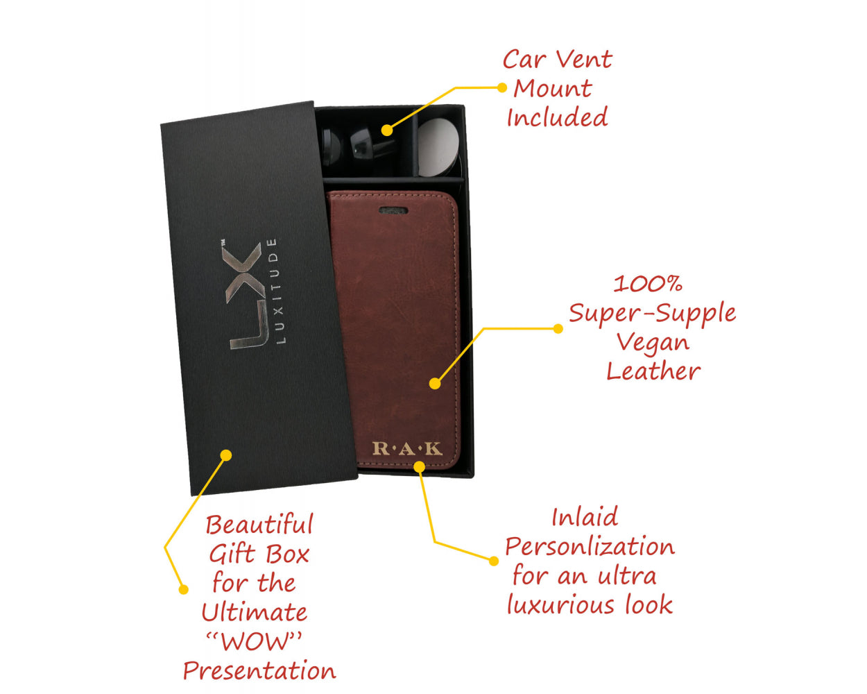 Luxitude Personalized Vegan Leather Phone Case Wallet - Compatible with iPhone 7 / 7s, w/ Detachable Slim Fit Case, w/ Dual Mode Kickstand & Car Mount, Brown