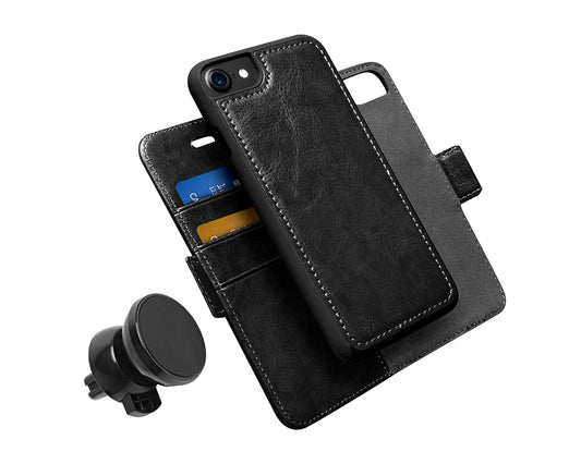 Luxitude Personalized Vegan Leather Phone Case Wallet - Compatible with iPhone 7 / 7s, w/ Detachable Slim Fit Case, w/ Dual Mode Kickstand & Car Mount, Black